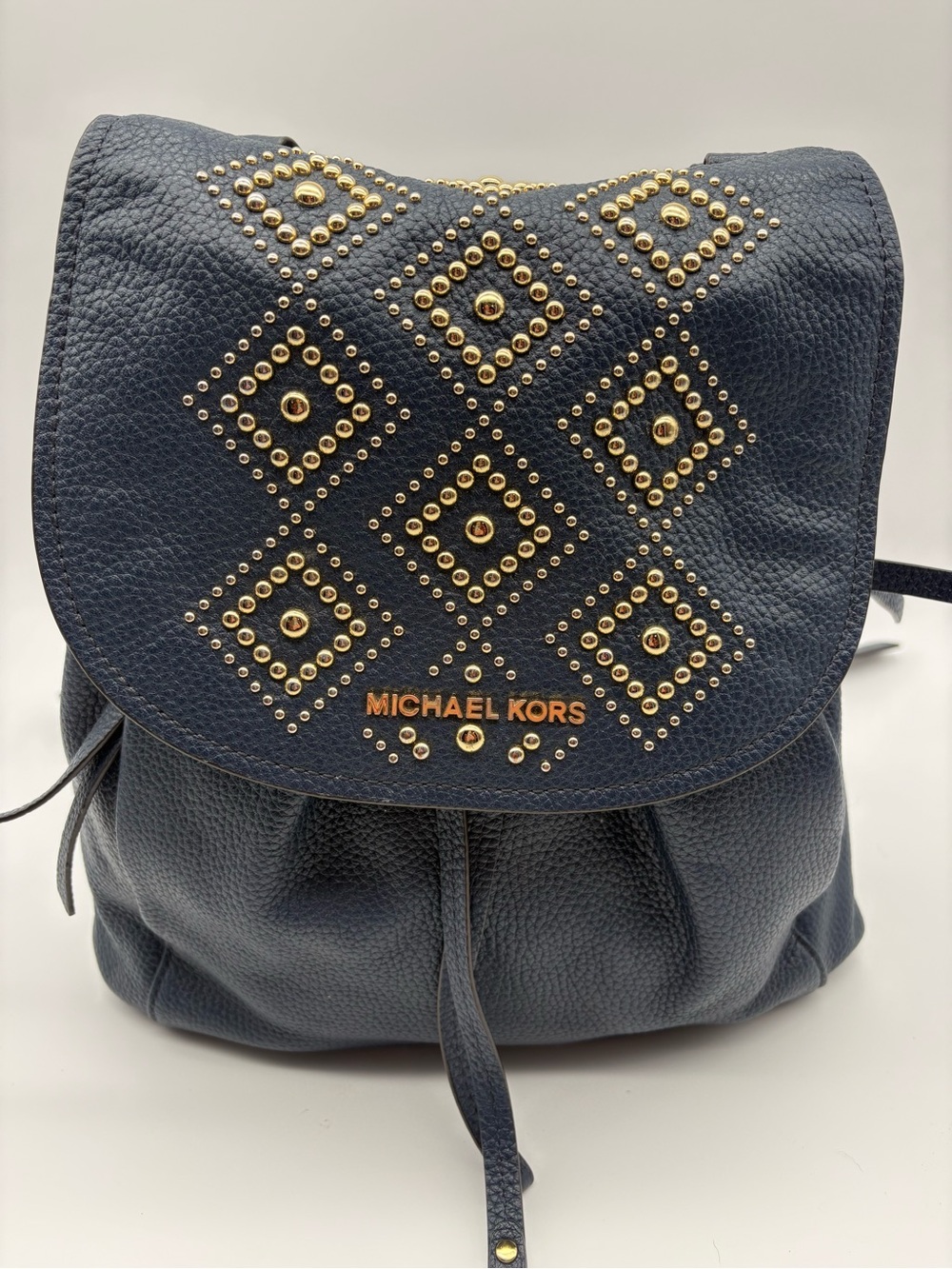 Michael Kors Navy Blue Studded Pebbled Leather Backpack Drawstring Bag